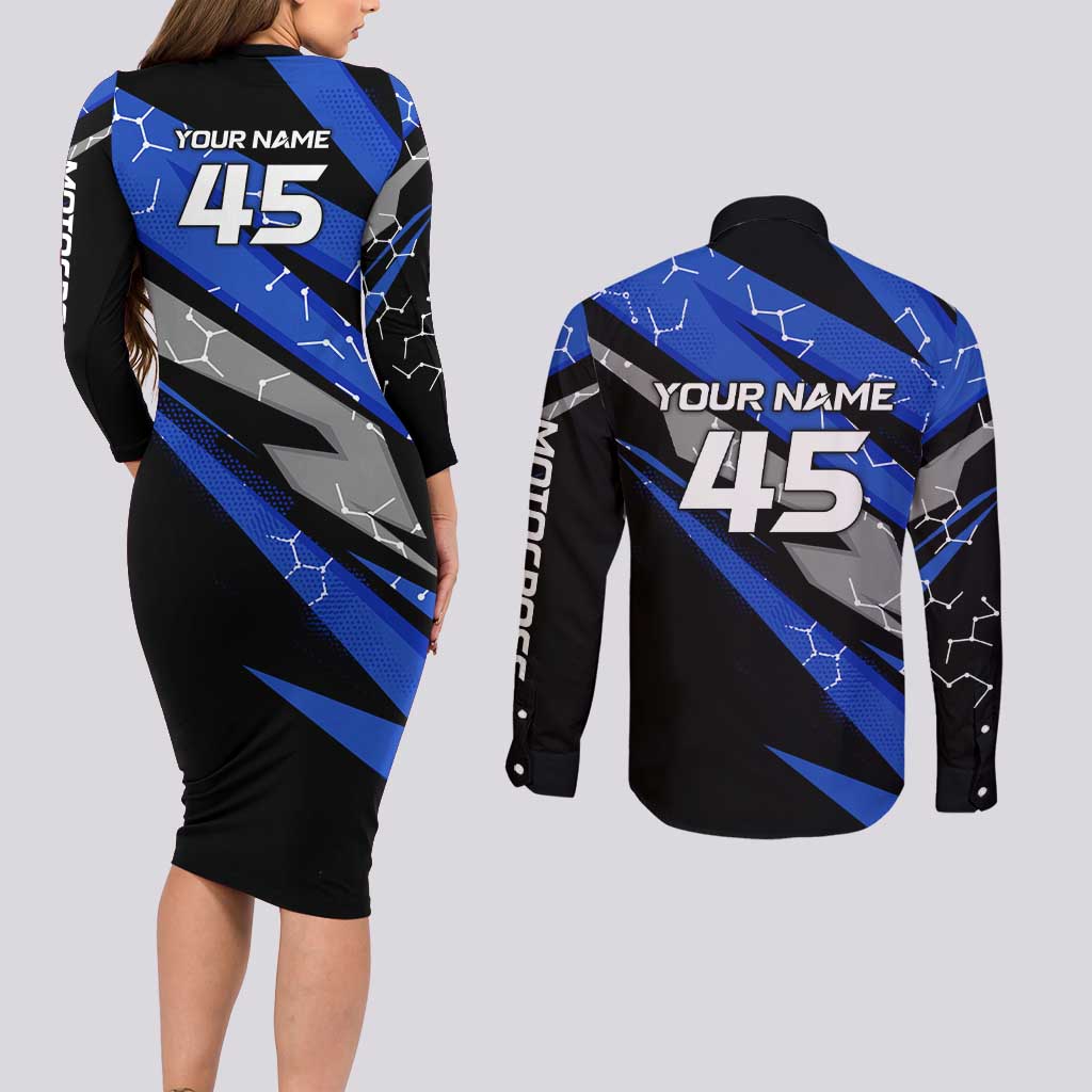 Personalized Extreme Motocross Couples Matching Long Sleeve Bodycon Dress and Long Sleeve Button Shirt with Blue Rider – Dirt Bike Racing Design - Wonder Print Shop
