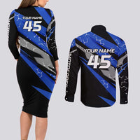 Personalized Extreme Motocross Couples Matching Long Sleeve Bodycon Dress and Long Sleeve Button Shirt with Blue Rider – Dirt Bike Racing Design - Wonder Print Shop