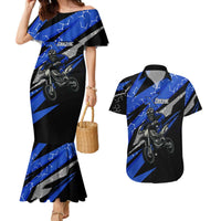 Personalized Extreme Motocross Couples Matching Mermaid Dress and Hawaiian Shirt with Blue Rider – Dirt Bike Racing Design - Wonder Print Shop