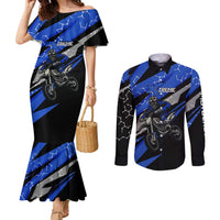 Personalized Extreme Motocross Couples Matching Mermaid Dress and Long Sleeve Button Shirt with Blue Rider – Dirt Bike Racing Design - Wonder Print Shop