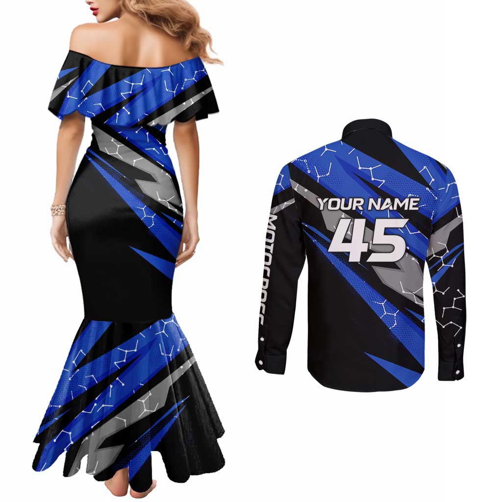 Personalized Extreme Motocross Couples Matching Mermaid Dress and Long Sleeve Button Shirt with Blue Rider – Dirt Bike Racing Design - Wonder Print Shop