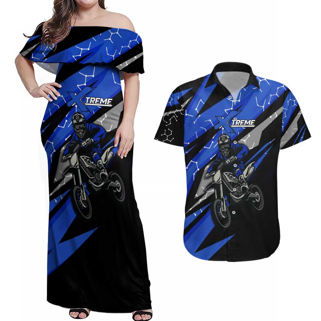 Personalized Extreme Motocross Couples Matching Off Shoulder Maxi Dress and Hawaiian Shirt with Blue Rider – Dirt Bike Racing Design - Wonder Print Shop