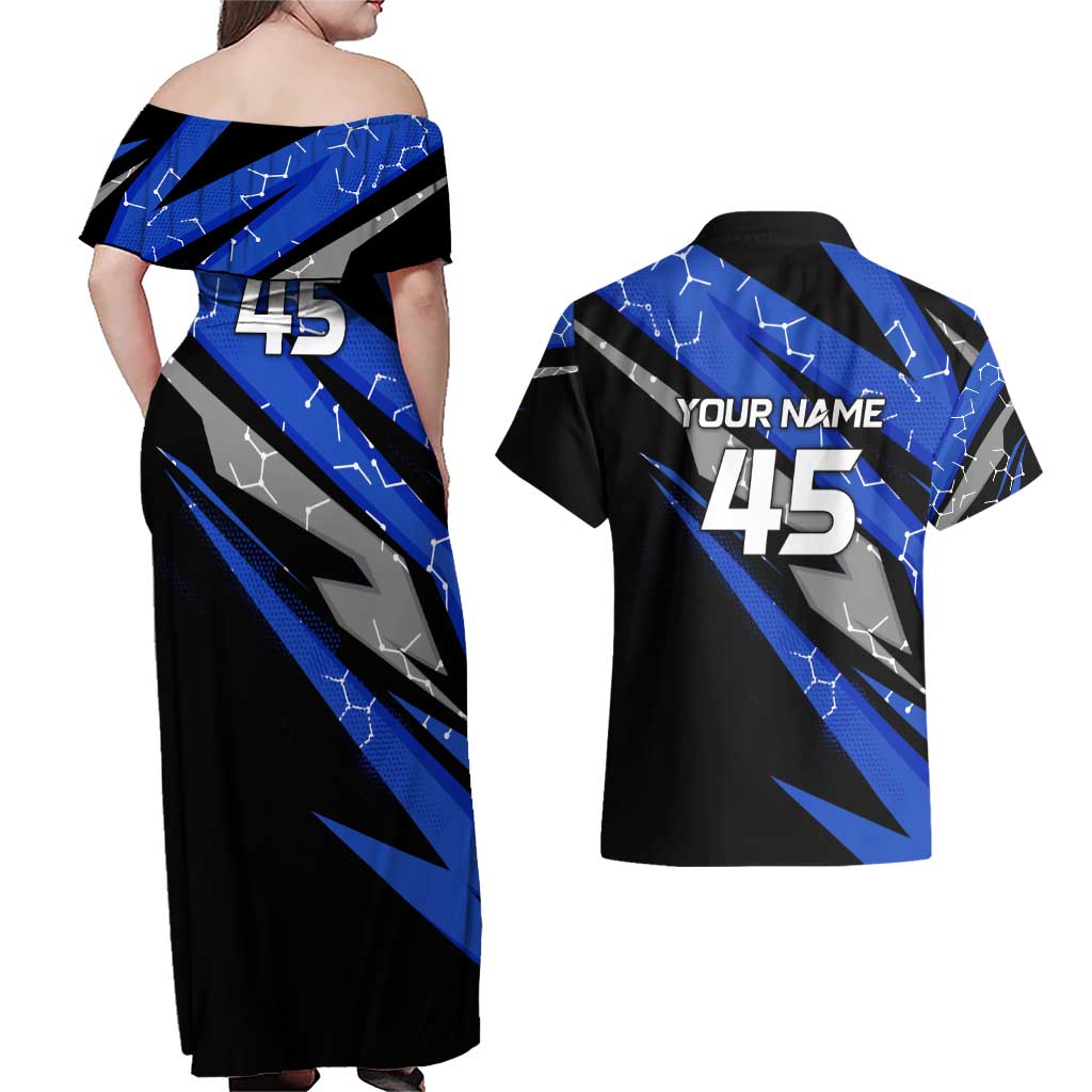 Personalized Extreme Motocross Couples Matching Off Shoulder Maxi Dress and Hawaiian Shirt with Blue Rider – Dirt Bike Racing Design - Wonder Print Shop