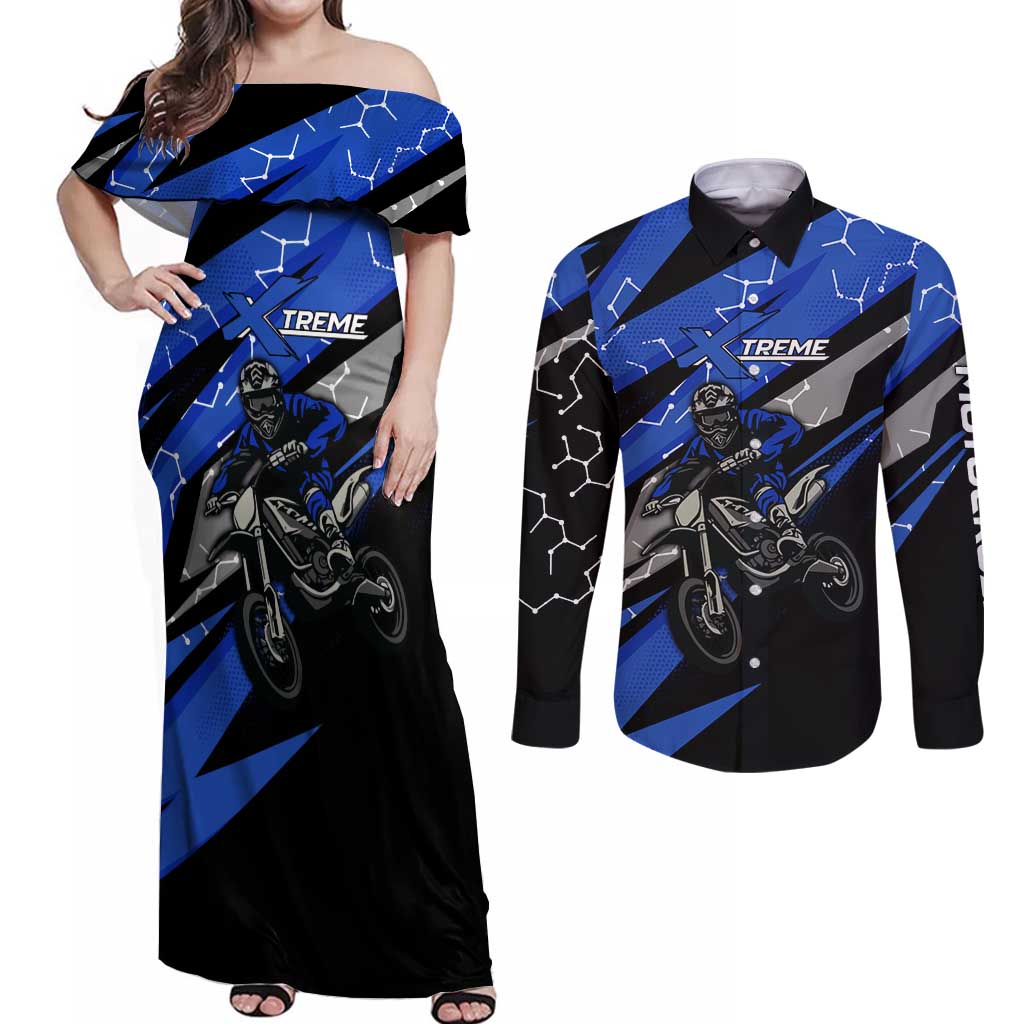 Personalized Extreme Motocross Couples Matching Off Shoulder Maxi Dress and Long Sleeve Button Shirt with Blue Rider – Dirt Bike Racing Design - Wonder Print Shop