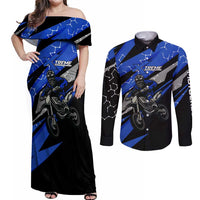 Personalized Extreme Motocross Couples Matching Off Shoulder Maxi Dress and Long Sleeve Button Shirt with Blue Rider – Dirt Bike Racing Design - Wonder Print Shop