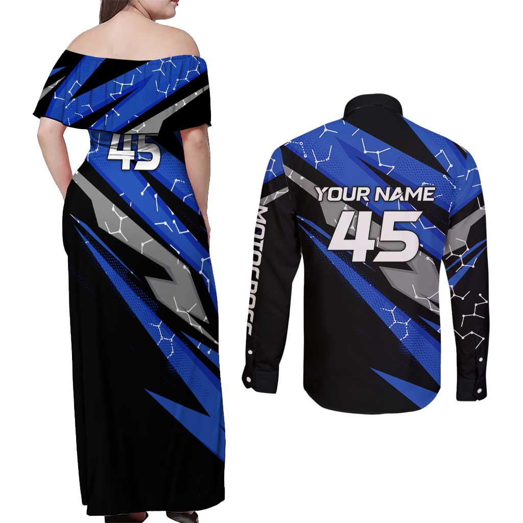 Personalized Extreme Motocross Couples Matching Off Shoulder Maxi Dress and Long Sleeve Button Shirt with Blue Rider – Dirt Bike Racing Design - Wonder Print Shop