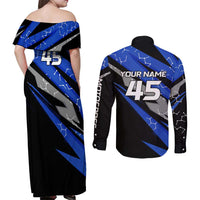 Personalized Extreme Motocross Couples Matching Off Shoulder Maxi Dress and Long Sleeve Button Shirt with Blue Rider – Dirt Bike Racing Design - Wonder Print Shop
