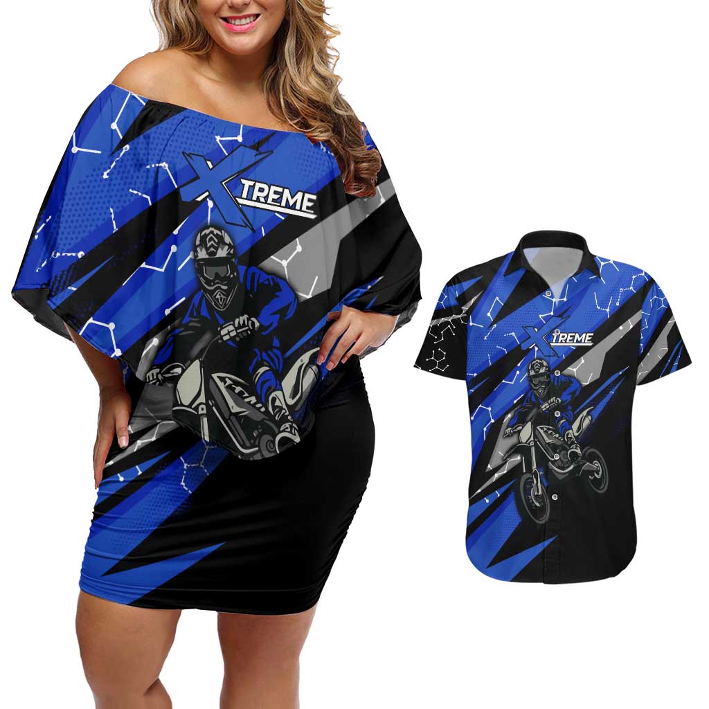 Personalized Extreme Motocross Couples Matching Off Shoulder Short Dress and Hawaiian Shirt with Blue Rider – Dirt Bike Racing Design - Wonder Print Shop