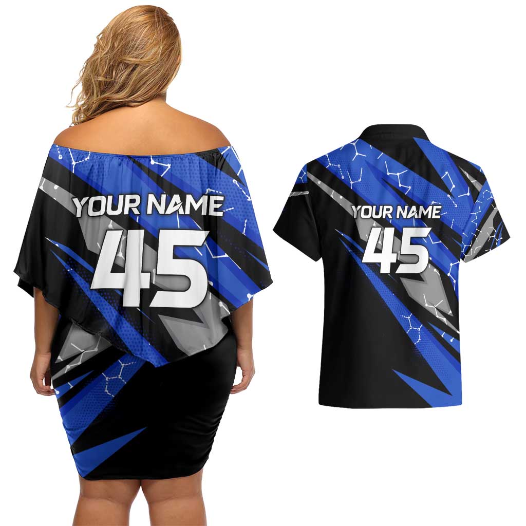 Personalized Extreme Motocross Couples Matching Off Shoulder Short Dress and Hawaiian Shirt with Blue Rider – Dirt Bike Racing Design - Wonder Print Shop