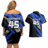 Personalized Extreme Motocross Couples Matching Off Shoulder Short Dress and Hawaiian Shirt with Blue Rider – Dirt Bike Racing Design - Wonder Print Shop