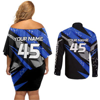 Personalized Extreme Motocross Couples Matching Off Shoulder Short Dress and Long Sleeve Button Shirt with Blue Rider – Dirt Bike Racing Design - Wonder Print Shop