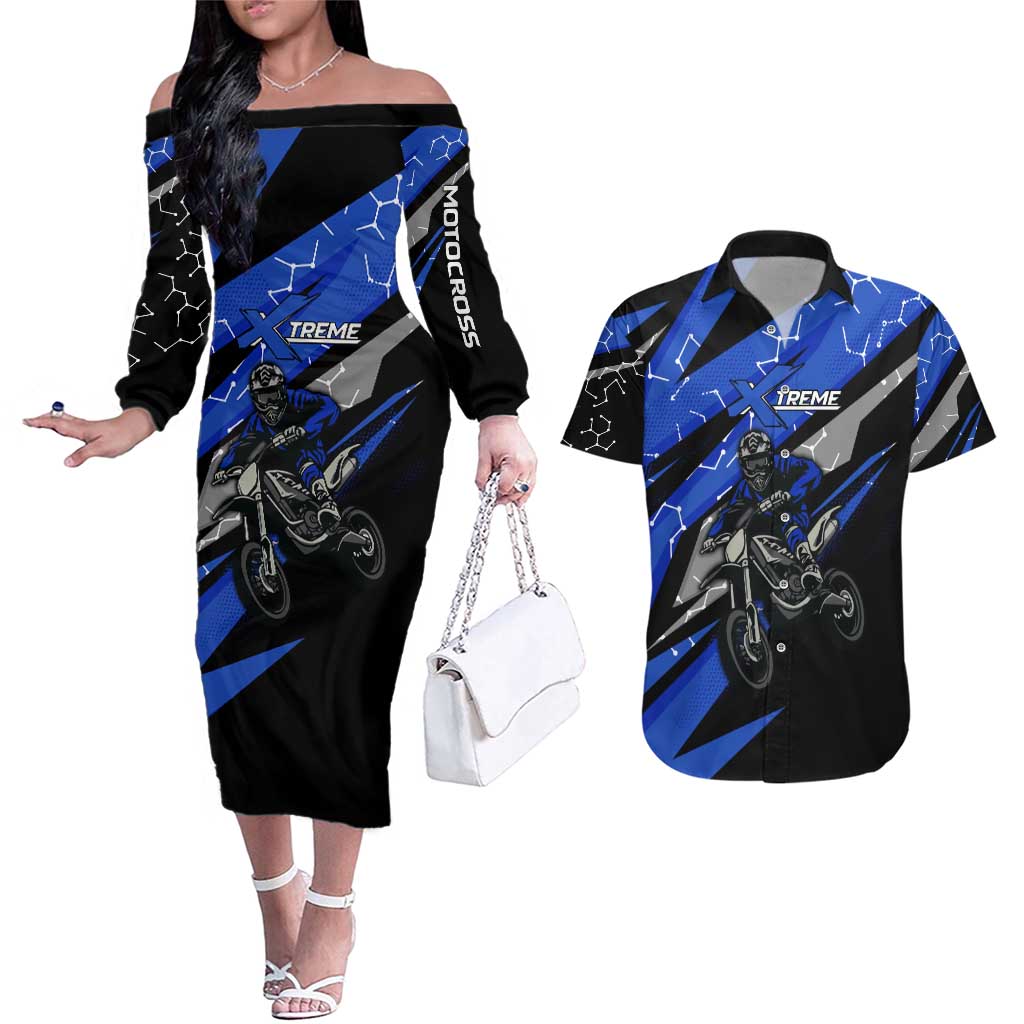 Personalized Extreme Motocross Couples Matching Off The Shoulder Long Sleeve Dress and Hawaiian Shirt with Blue Rider – Dirt Bike Racing Design - Wonder Print Shop