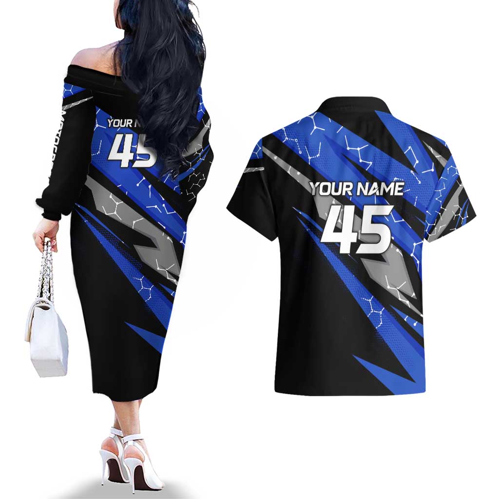 Personalized Extreme Motocross Couples Matching Off The Shoulder Long Sleeve Dress and Hawaiian Shirt with Blue Rider – Dirt Bike Racing Design - Wonder Print Shop