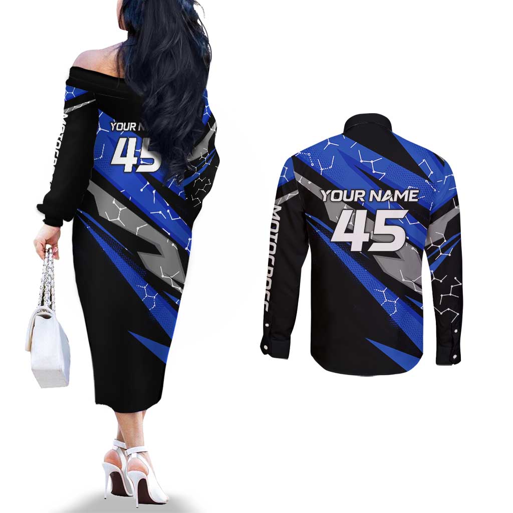 Personalized Extreme Motocross Couples Matching Off The Shoulder Long Sleeve Dress and Long Sleeve Button Shirt with Blue Rider – Dirt Bike Racing Design - Wonder Print Shop