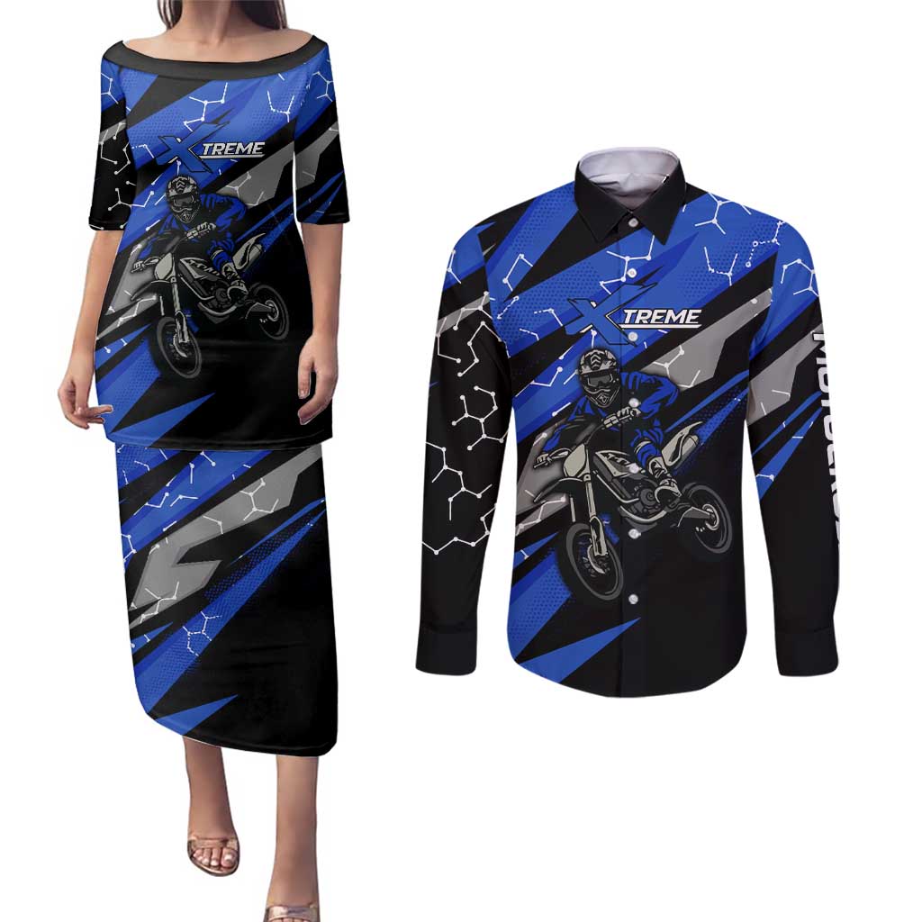Personalized Extreme Motocross Couples Matching Puletasi and Long Sleeve Button Shirt with Blue Rider – Dirt Bike Racing Design - Wonder Print Shop