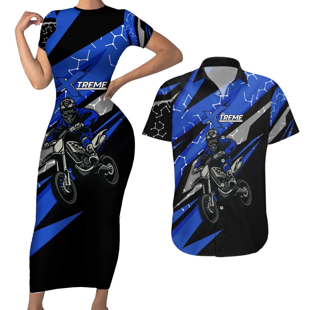 Personalized Extreme Motocross Couples Matching Short Sleeve Bodycon Dress and Hawaiian Shirt with Blue Rider – Dirt Bike Racing Design - Wonder Print Shop