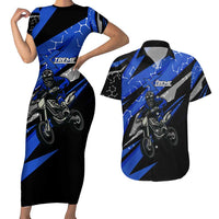 Personalized Extreme Motocross Couples Matching Short Sleeve Bodycon Dress and Hawaiian Shirt with Blue Rider – Dirt Bike Racing Design - Wonder Print Shop