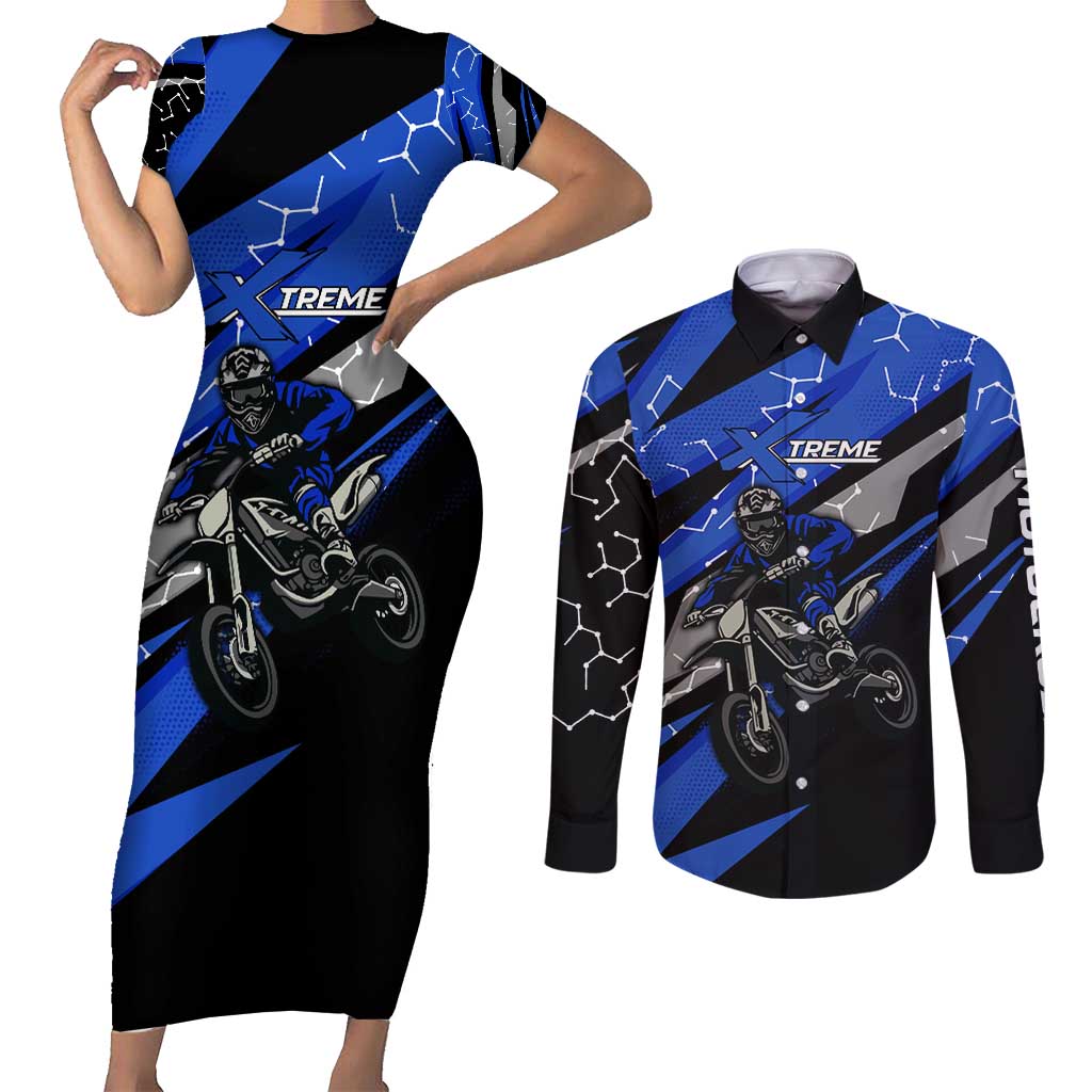Personalized Extreme Motocross Couples Matching Short Sleeve Bodycon Dress and Long Sleeve Button Shirt with Blue Rider – Dirt Bike Racing Design - Wonder Print Shop
