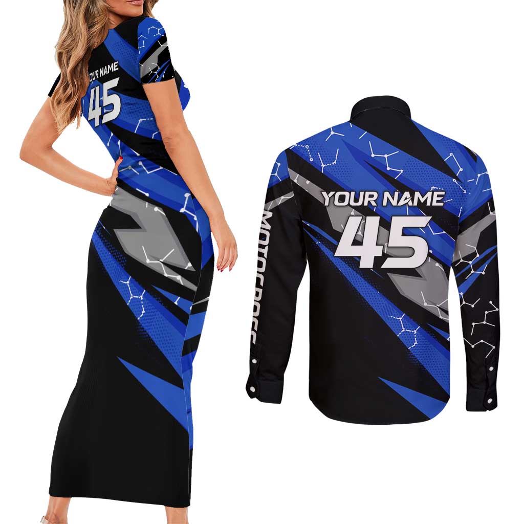 Personalized Extreme Motocross Couples Matching Short Sleeve Bodycon Dress and Long Sleeve Button Shirt with Blue Rider – Dirt Bike Racing Design - Wonder Print Shop