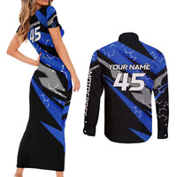 Personalized Extreme Motocross Couples Matching Short Sleeve Bodycon Dress and Long Sleeve Button Shirt with Blue Rider – Dirt Bike Racing Design - Wonder Print Shop