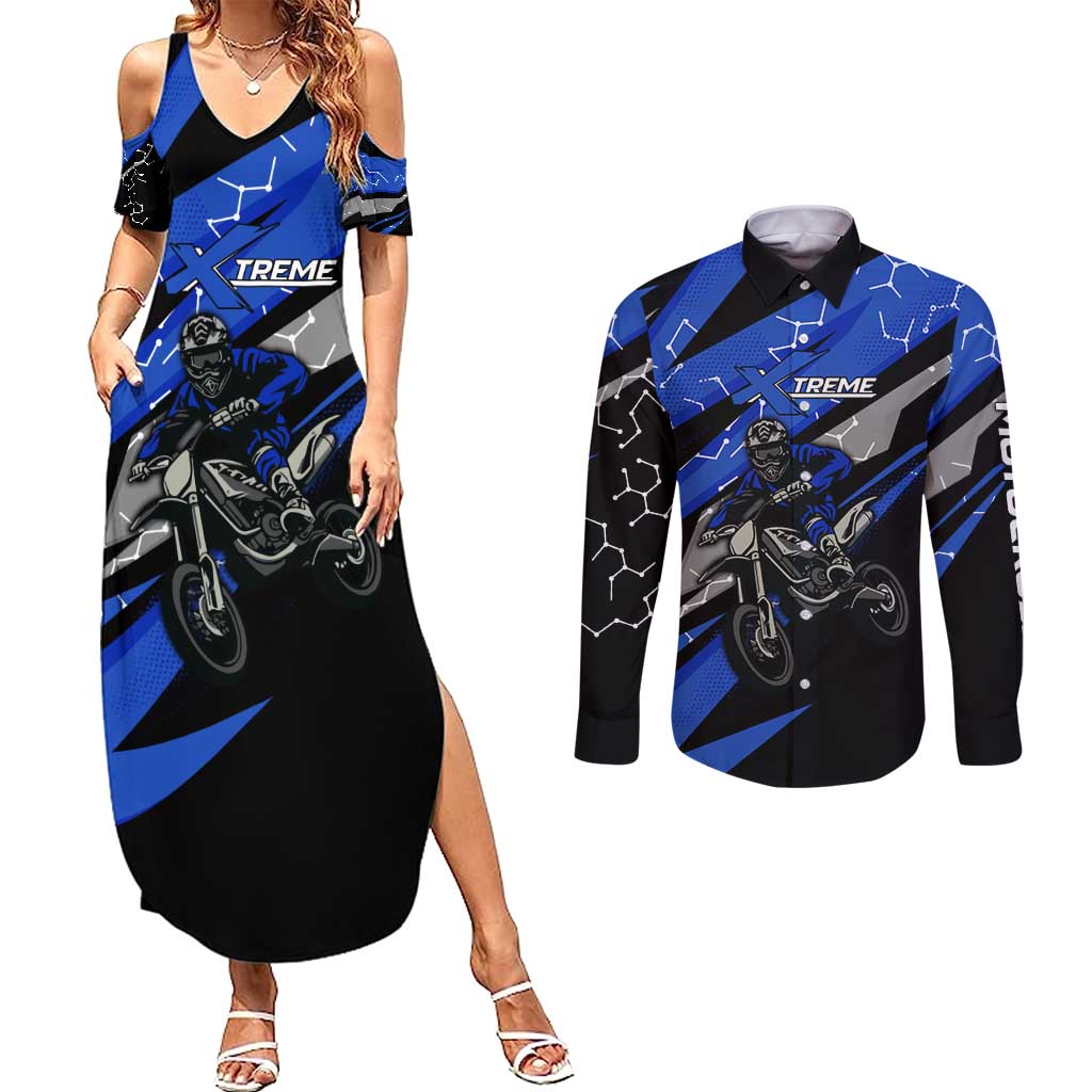 Personalized Extreme Motocross Couples Matching Summer Maxi Dress and Long Sleeve Button Shirt with Blue Rider – Dirt Bike Racing Design - Wonder Print Shop