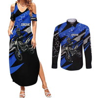 Personalized Extreme Motocross Couples Matching Summer Maxi Dress and Long Sleeve Button Shirt with Blue Rider – Dirt Bike Racing Design - Wonder Print Shop