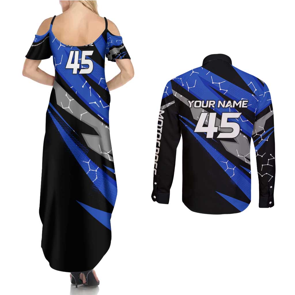 Personalized Extreme Motocross Couples Matching Summer Maxi Dress and Long Sleeve Button Shirt with Blue Rider – Dirt Bike Racing Design - Wonder Print Shop