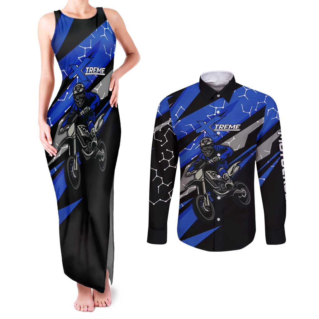 Personalized Extreme Motocross Couples Matching Tank Maxi Dress and Long Sleeve Button Shirt with Blue Rider – Dirt Bike Racing Design - Wonder Print Shop