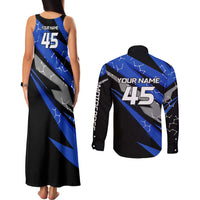 Personalized Extreme Motocross Couples Matching Tank Maxi Dress and Long Sleeve Button Shirt with Blue Rider – Dirt Bike Racing Design - Wonder Print Shop