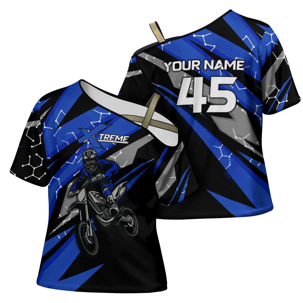 Personalized Extreme Motocross Cross Shoulder Shirt with Blue Rider – Dirt Bike Racing Design - Wonder Print Shop