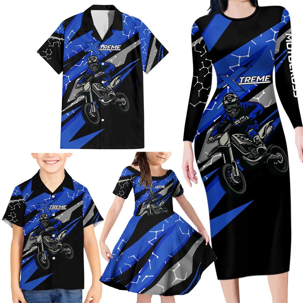Personalized Extreme Motocross Family Matching Long Sleeve Bodycon Dress and Hawaiian Shirt with Blue Rider – Dirt Bike Racing Design - Wonder Print Shop