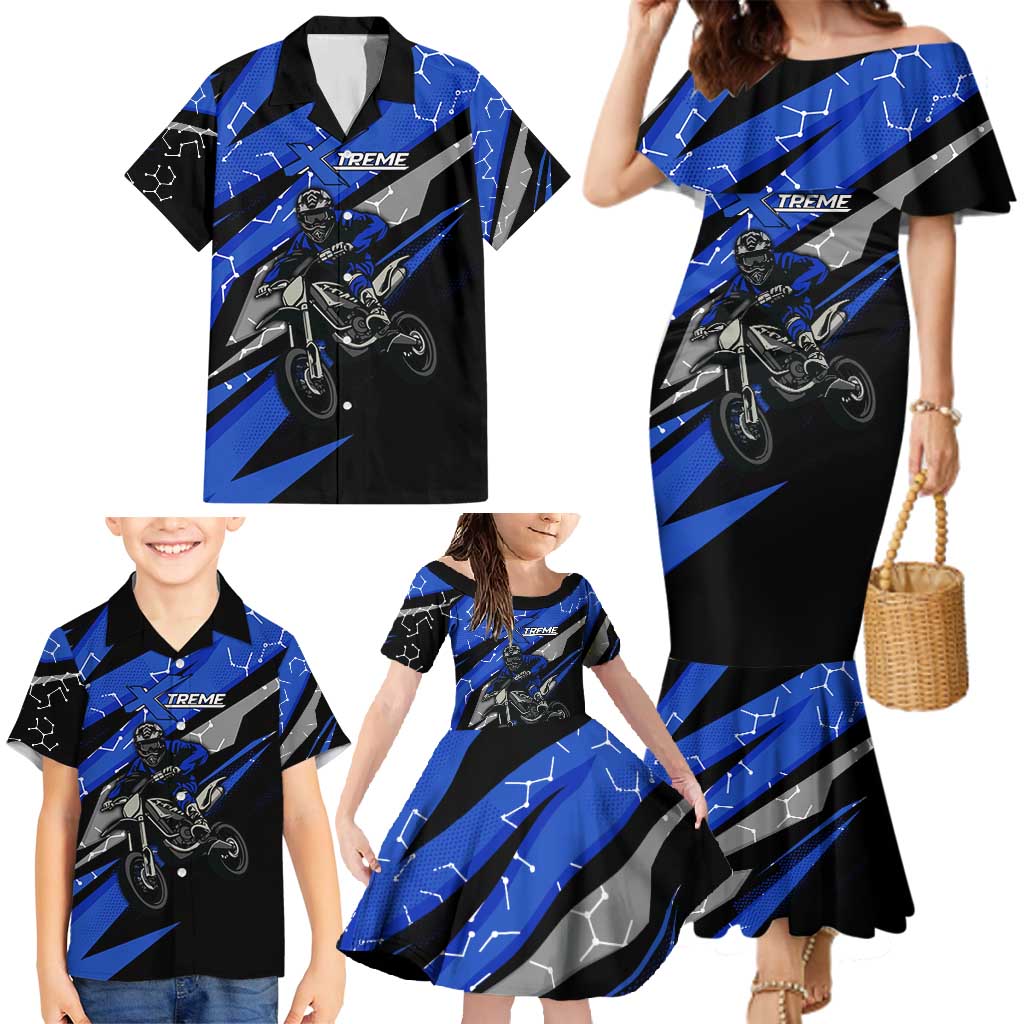 Personalized Extreme Motocross Family Matching Mermaid Dress and Hawaiian Shirt with Blue Rider – Dirt Bike Racing Design - Wonder Print Shop