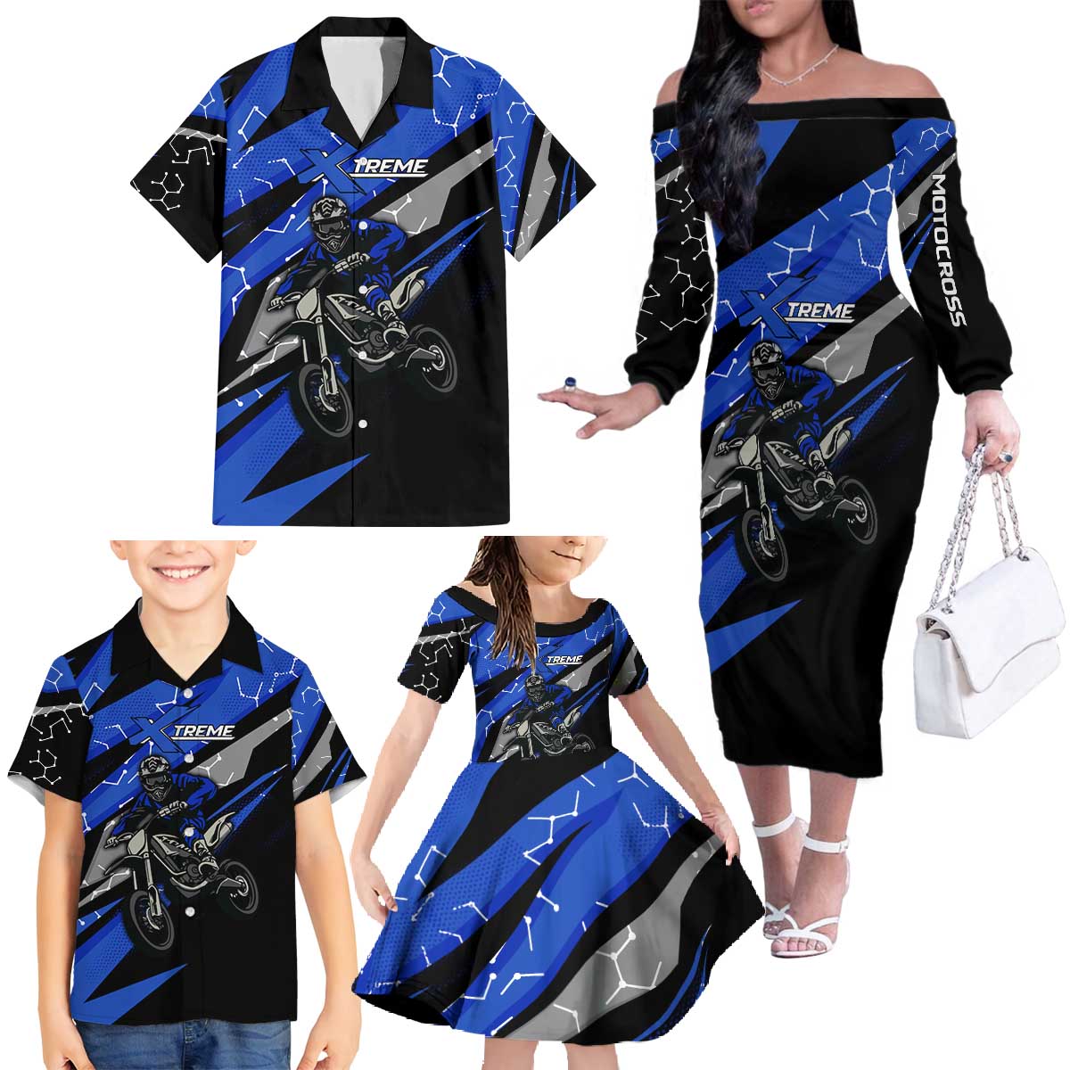 Personalized Extreme Motocross Family Matching Off The Shoulder Long Sleeve Dress and Hawaiian Shirt with Blue Rider – Dirt Bike Racing Design - Wonder Print Shop