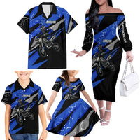 Personalized Extreme Motocross Family Matching Off The Shoulder Long Sleeve Dress and Hawaiian Shirt with Blue Rider – Dirt Bike Racing Design - Wonder Print Shop