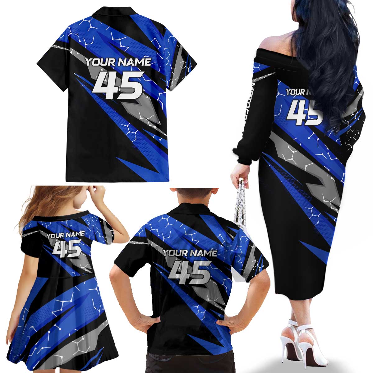 Personalized Extreme Motocross Family Matching Off The Shoulder Long Sleeve Dress and Hawaiian Shirt with Blue Rider – Dirt Bike Racing Design - Wonder Print Shop