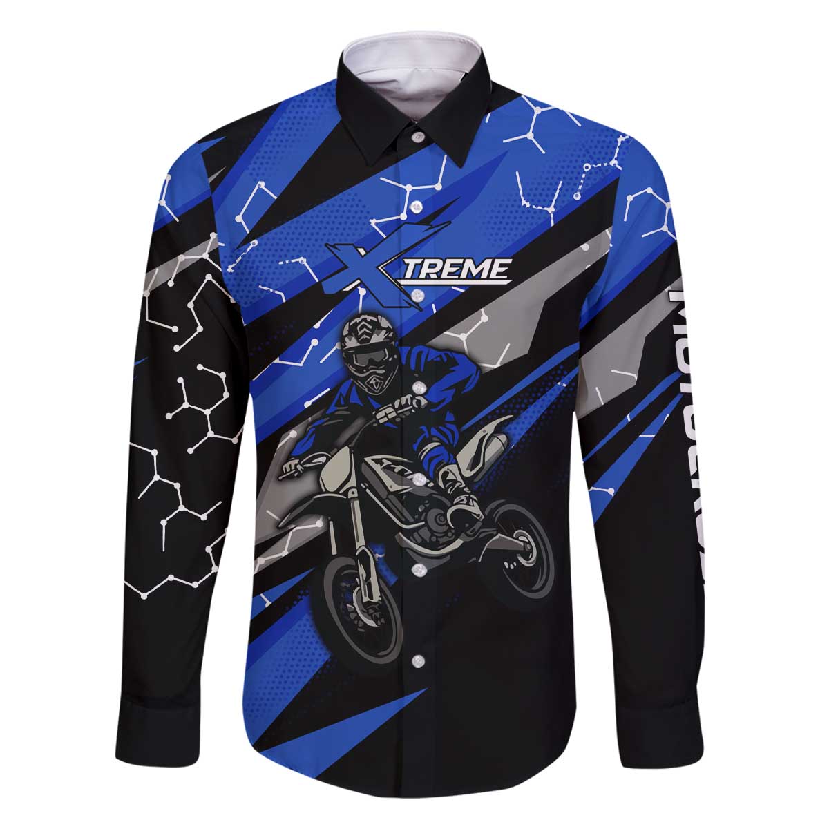Personalized Extreme Motocross Family Matching Off The Shoulder Long Sleeve Dress and Hawaiian Shirt with Blue Rider – Dirt Bike Racing Design - Wonder Print Shop