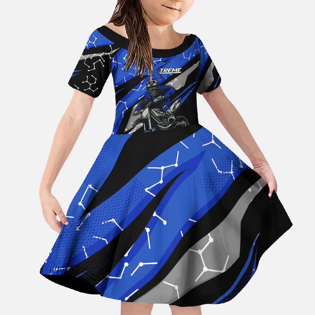 Personalized Extreme Motocross Family Matching Off Shoulder Maxi Dress and Hawaiian Shirt with Blue Rider – Dirt Bike Racing Design - Wonder Print Shop