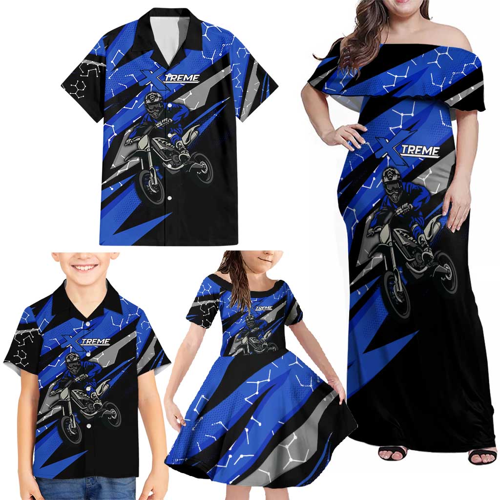 Personalized Extreme Motocross Family Matching Off Shoulder Maxi Dress and Hawaiian Shirt with Blue Rider – Dirt Bike Racing Design - Wonder Print Shop