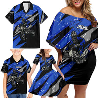 Personalized Extreme Motocross Family Matching Off Shoulder Short Dress and Hawaiian Shirt with Blue Rider – Dirt Bike Racing Design - Wonder Print Shop