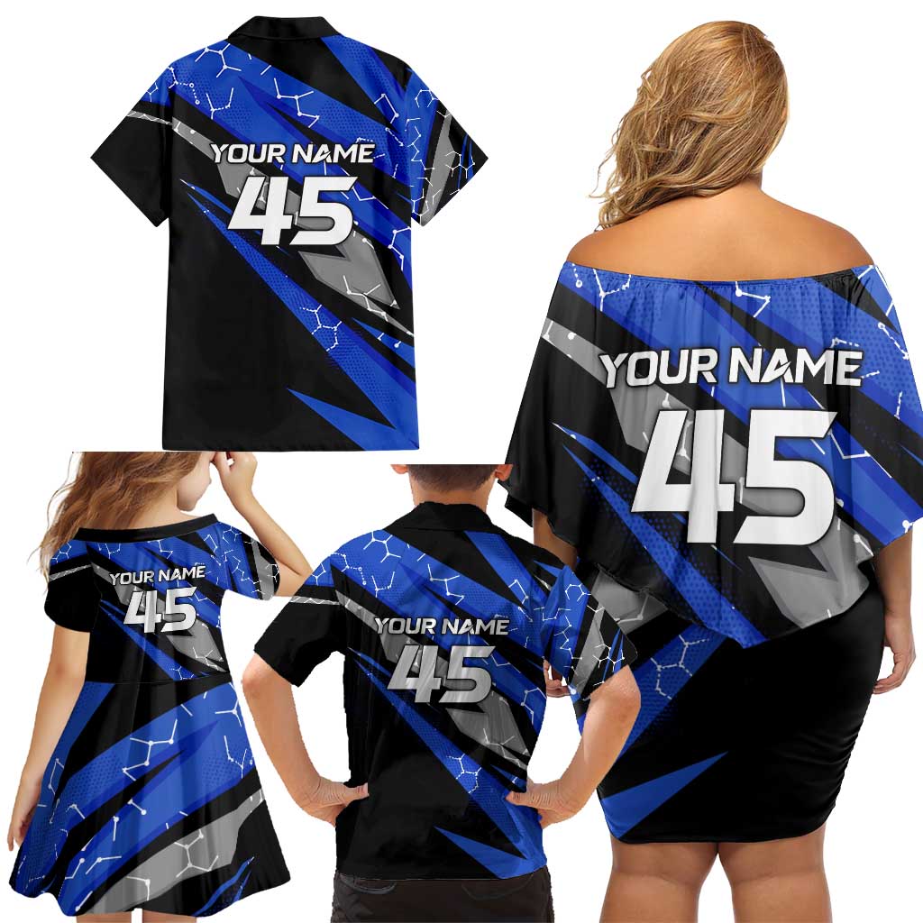 Personalized Extreme Motocross Family Matching Off Shoulder Short Dress and Hawaiian Shirt with Blue Rider – Dirt Bike Racing Design - Wonder Print Shop