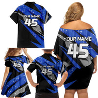 Personalized Extreme Motocross Family Matching Off Shoulder Short Dress and Hawaiian Shirt with Blue Rider – Dirt Bike Racing Design - Wonder Print Shop