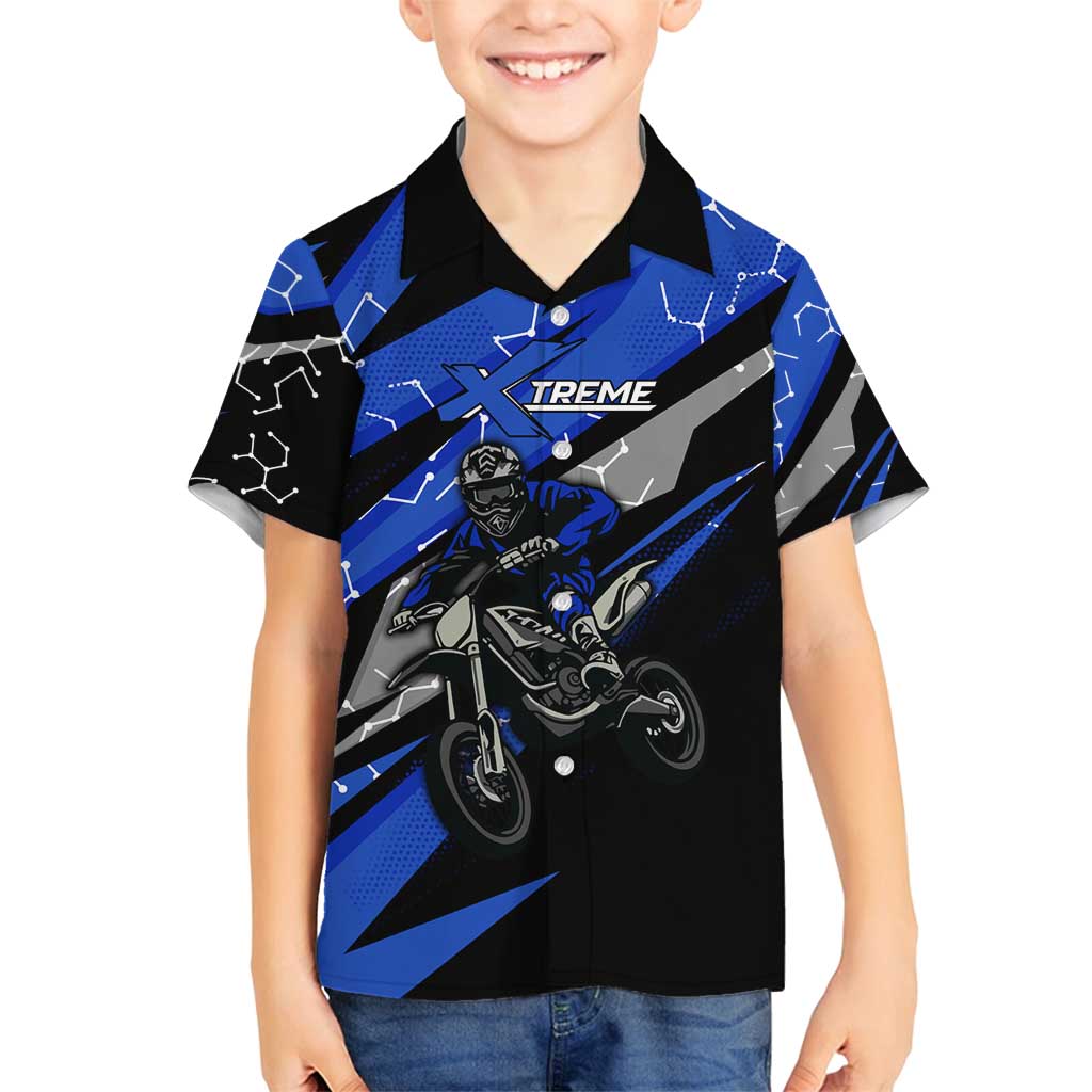 Personalized Extreme Motocross Family Matching Off Shoulder Short Dress and Hawaiian Shirt with Blue Rider – Dirt Bike Racing Design - Wonder Print Shop