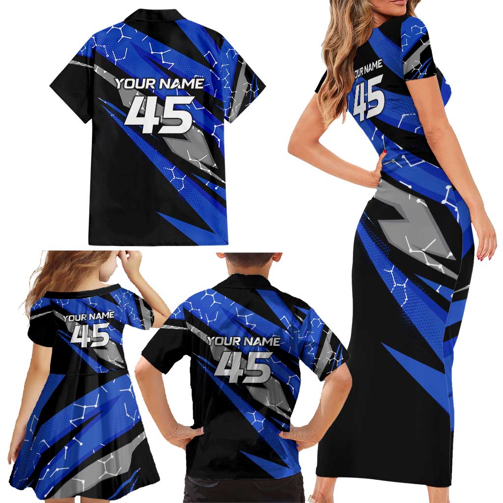 Personalized Extreme Motocross Family Matching Short Sleeve Bodycon Dress and Hawaiian Shirt with Blue Rider – Dirt Bike Racing Design - Wonder Print Shop