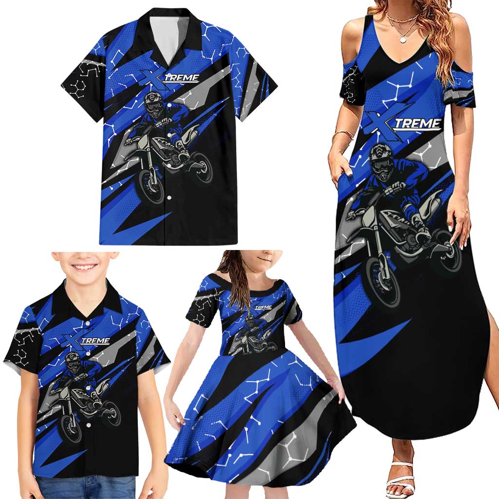 Personalized Extreme Motocross Family Matching Summer Maxi Dress and Hawaiian Shirt with Blue Rider – Dirt Bike Racing Design - Wonder Print Shop
