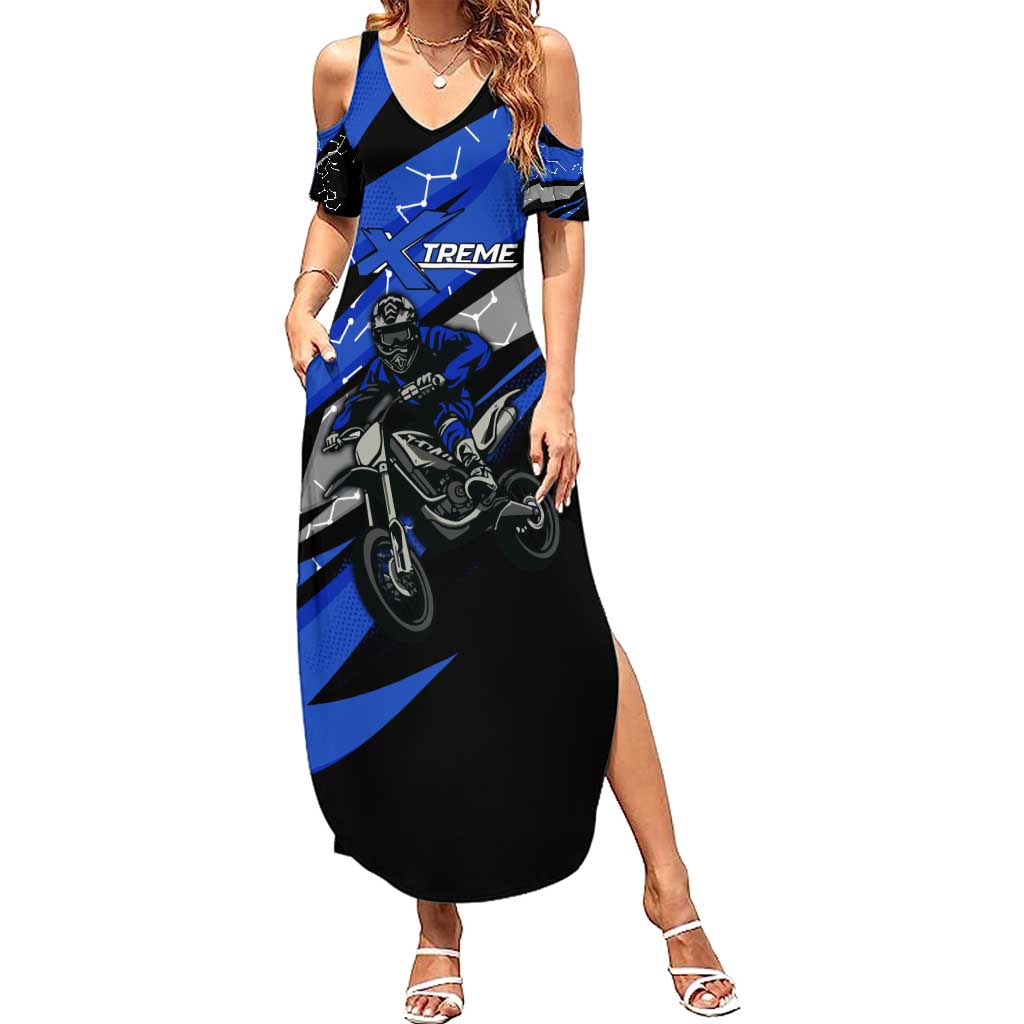 Personalized Extreme Motocross Family Matching Summer Maxi Dress and Hawaiian Shirt with Blue Rider – Dirt Bike Racing Design - Wonder Print Shop