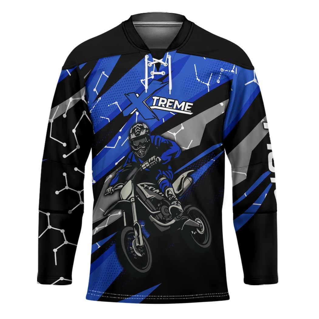 Personalized Extreme Motocross Hockey Jersey with Blue Rider – Dirt Bike Racing Design - Wonder Print Shop