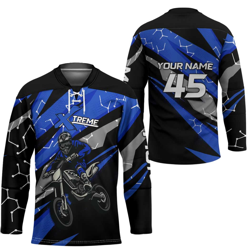 Personalized Extreme Motocross Hockey Jersey with Blue Rider – Dirt Bike Racing Design - Wonder Print Shop