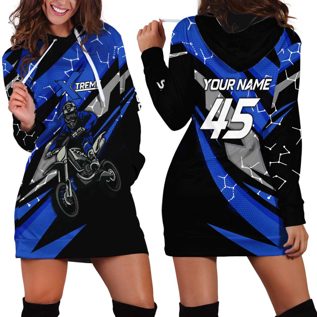 Personalized Extreme Motocross Hoodie Dress with Blue Rider – Dirt Bike Racing Design - Wonder Print Shop