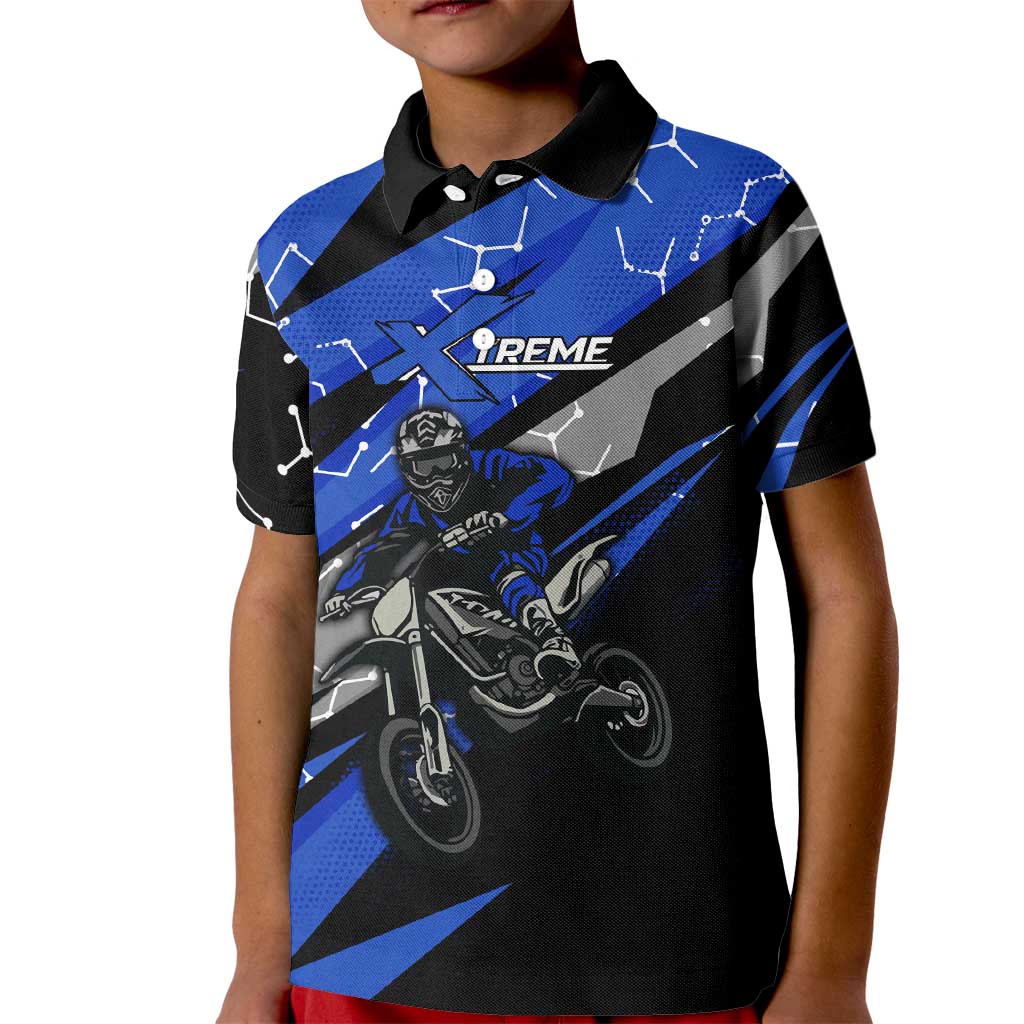 Personalized Extreme Motocross Kid Polo Shirt with Blue Rider – Dirt Bike Racing Design - Wonder Print Shop