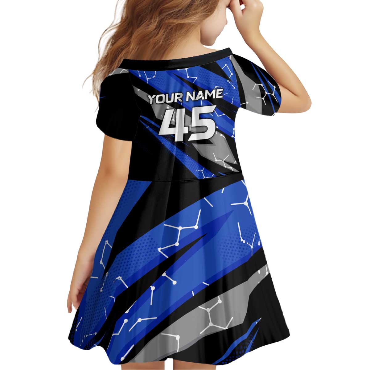 Personalized Extreme Motocross Kid Short Sleeve Dress with Blue Rider – Dirt Bike Racing Design - Wonder Print Shop